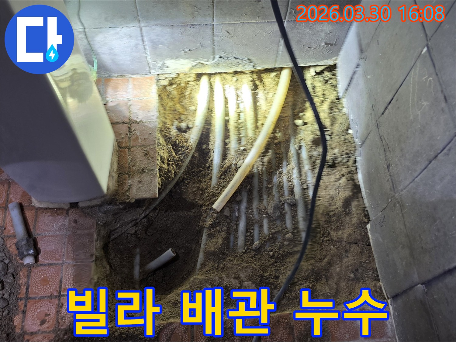 파주 문산 빌라의 배관 누수 현장에서-바닥 파쇄 후-노출된 배관을 종합적으로 점검하는 모습입니다.