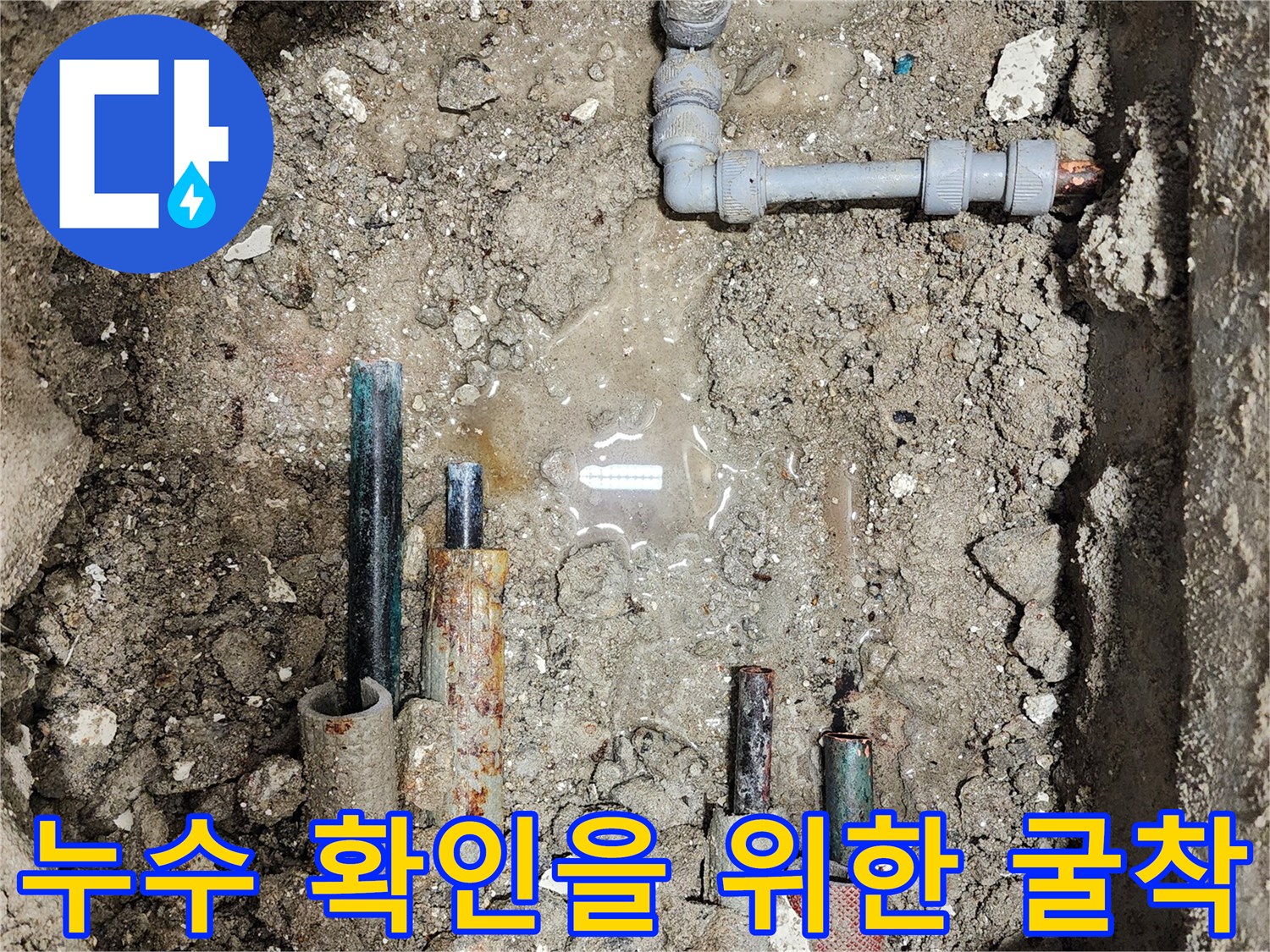 배관 주변의 물 고임과 젖은 흙-누수 지점 확인 작업