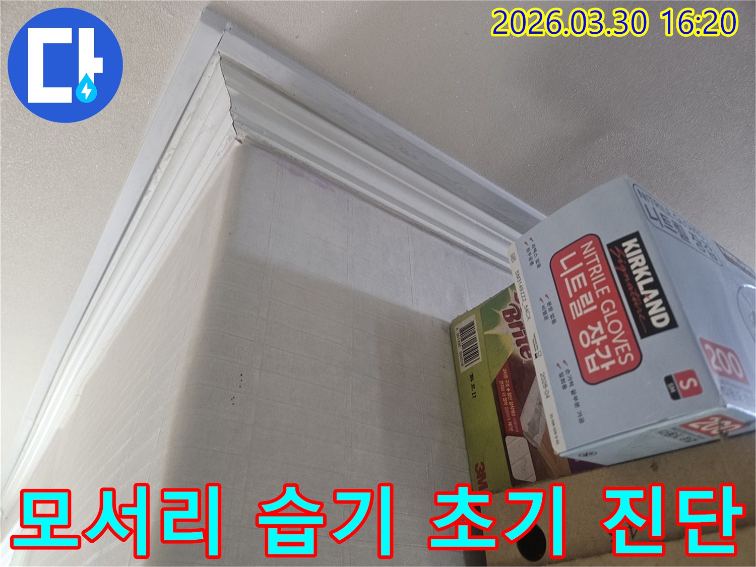 누수 엔지니어가-서울 강남구 학동로 현장에서-벽면 모서리 습기로부터-초기 누수를-진단하는 모습
