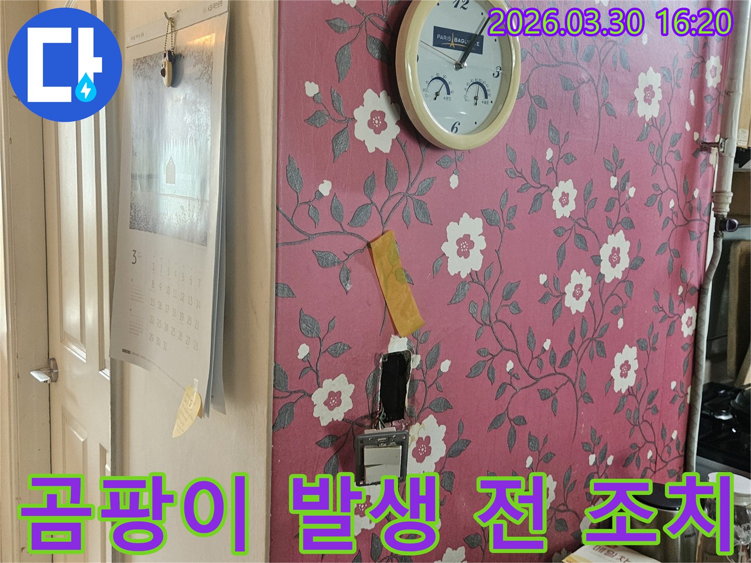 분홍색 꽃무늬 벽지에-시계가-걸려있고-개방된-벽면을-보며-곰팡이-발생-전-신속한-누수-조치의-중요성을-설명하는-사진입니다