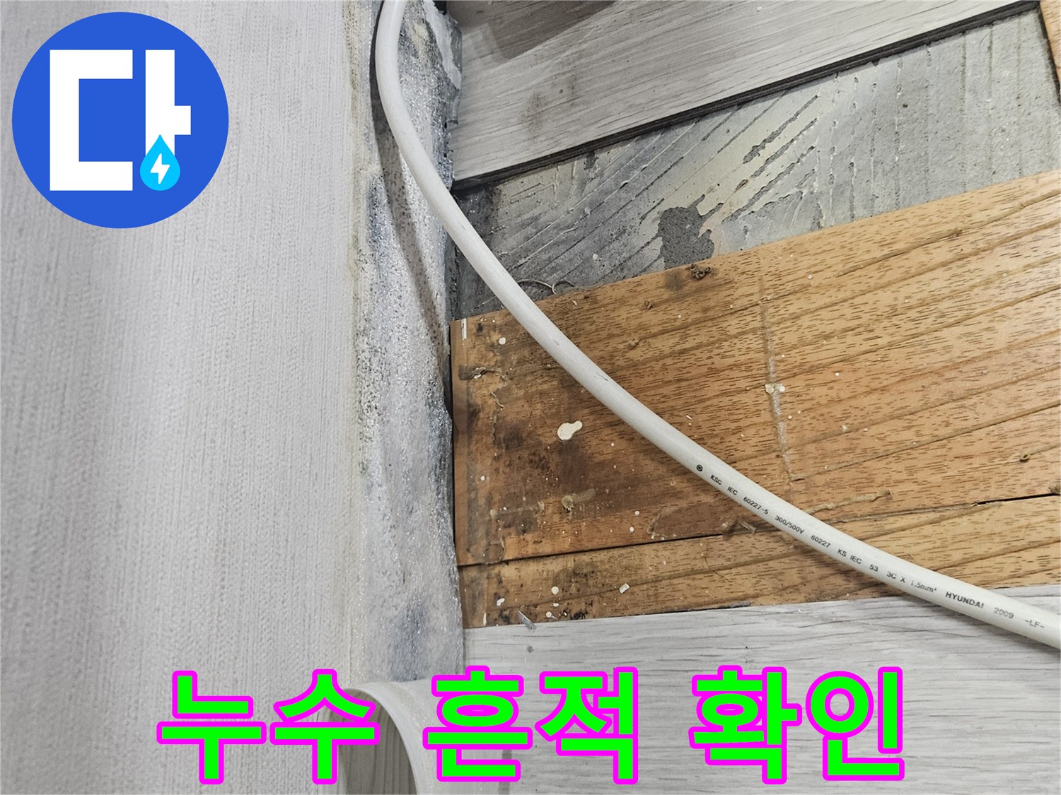 콘센트 주변의 배관 누수 및 곰팡이 오염 부위