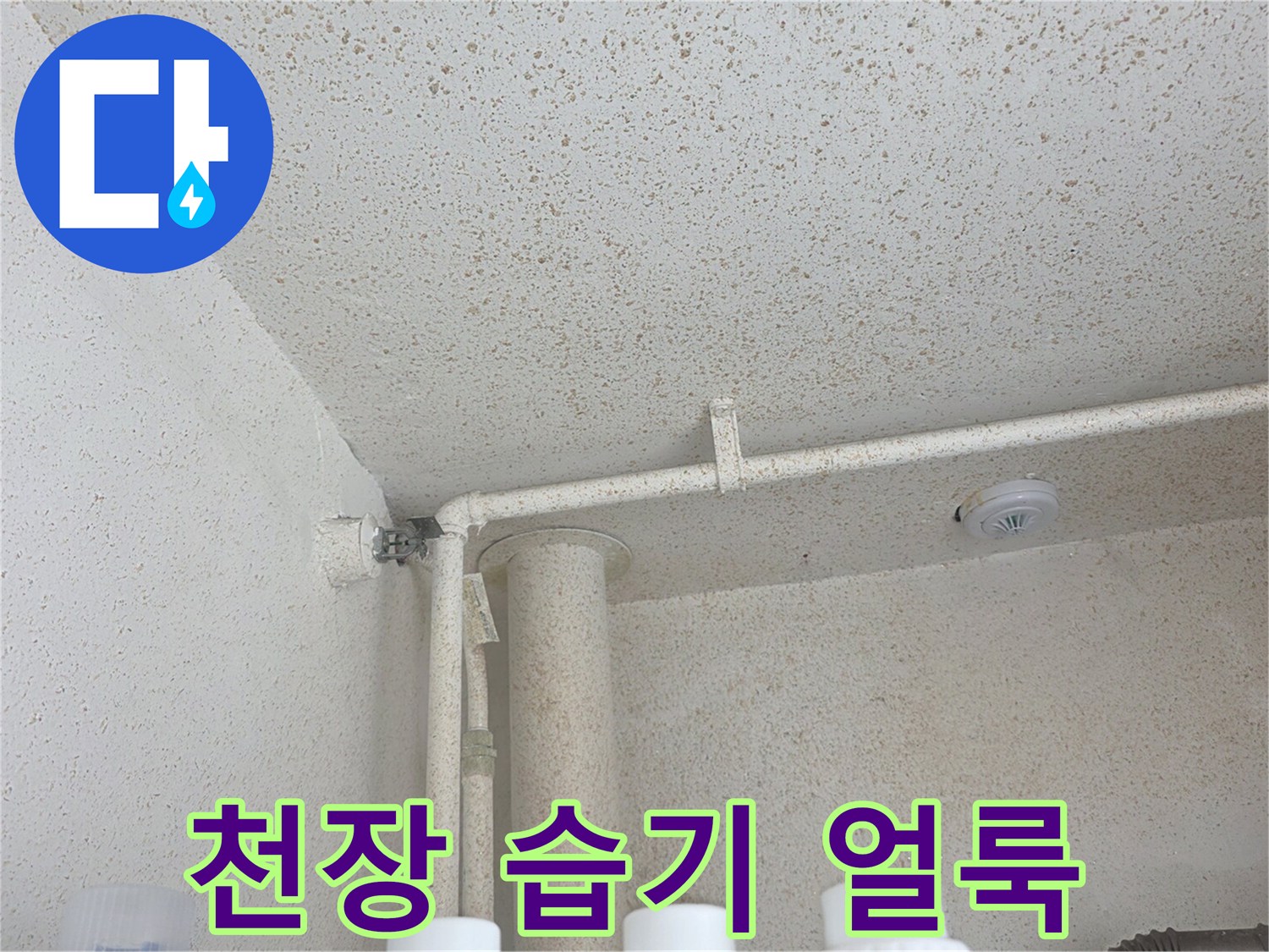 천장 마감재에 발생한 습기 흔적과 배관 노출 부위