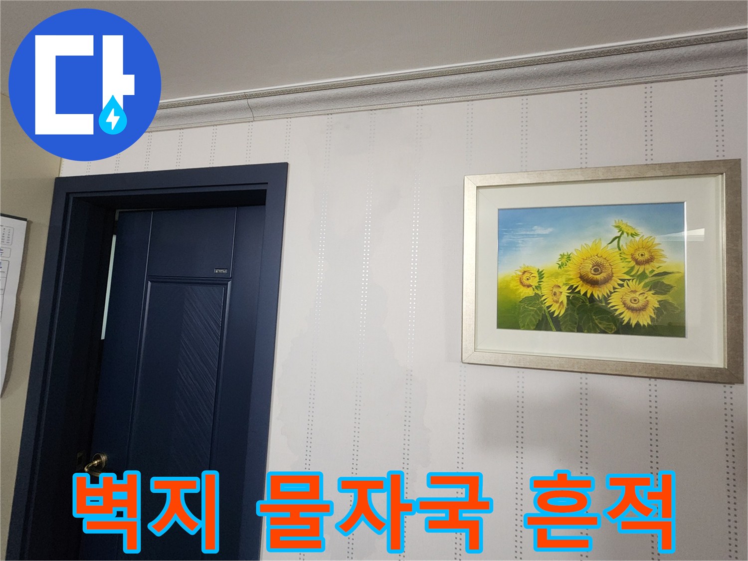 아파트 거실 벽면에 발생한 습기 및 물 얼룩 현상