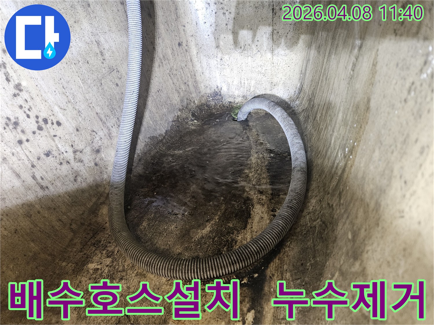 누수-현장에서-고인-물을-제거하기-위해-설치된-배수-호스