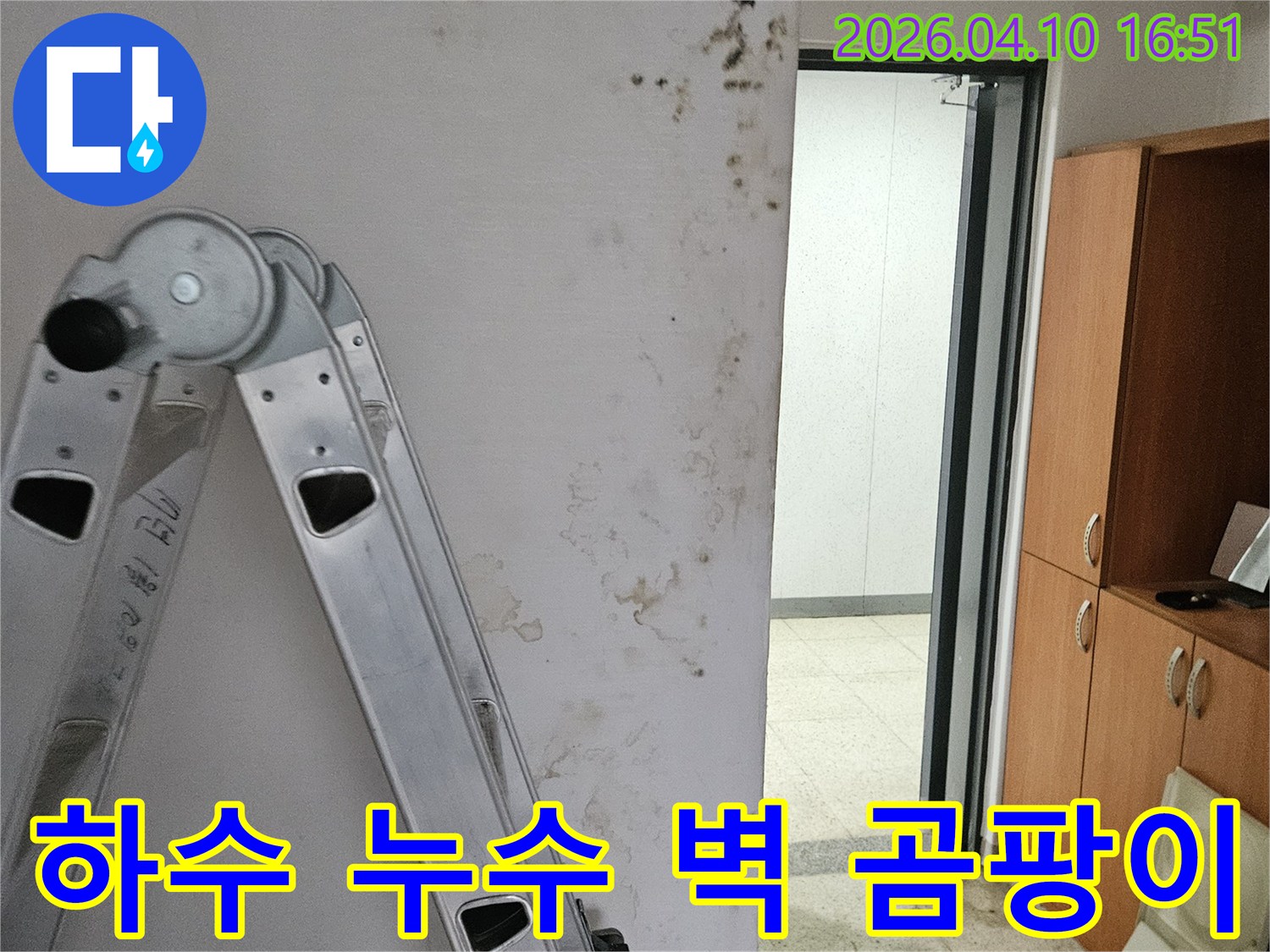포천시 일동면의 건물 내부 벽에서 하수관 누수로 인해 발생한 곰팡이와 물자국입니다-정확한 누수 지점 파악을 위한 현장 조사가 진행 중입니다.