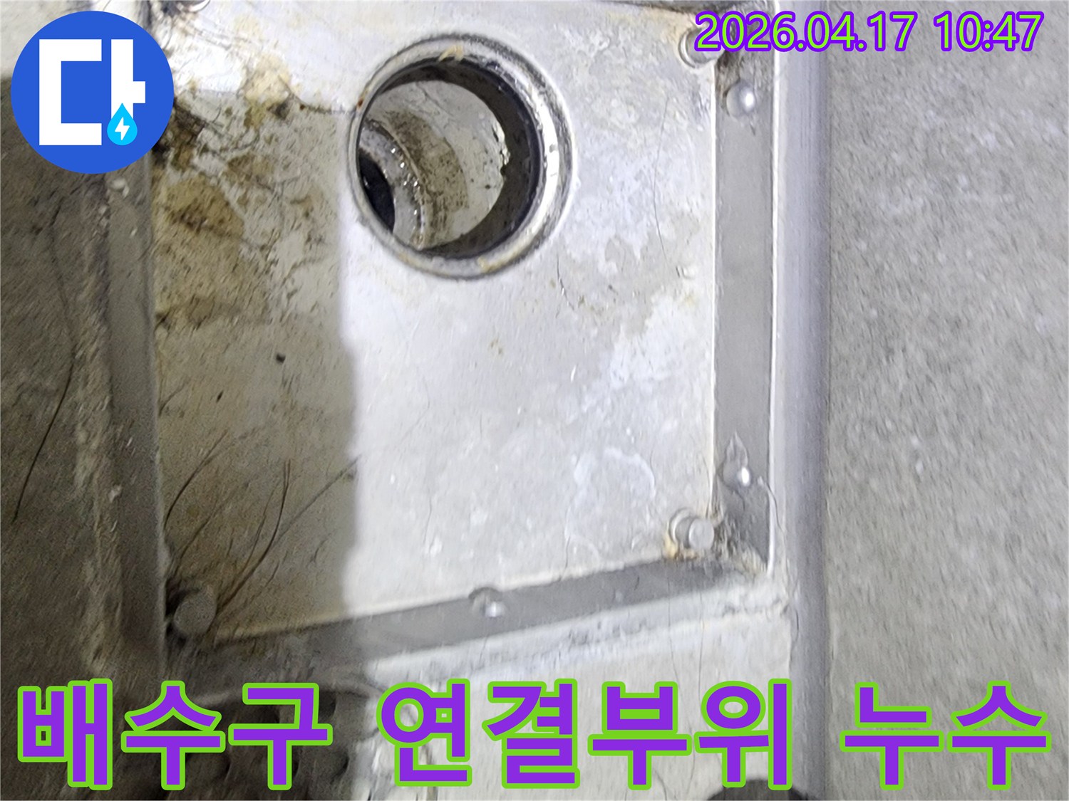 욕실 배수구의 내부 연결 부위와-주변의 오염 상태를-면밀히 관찰하며-누수 원인을-파악하고 있는 장면입니다