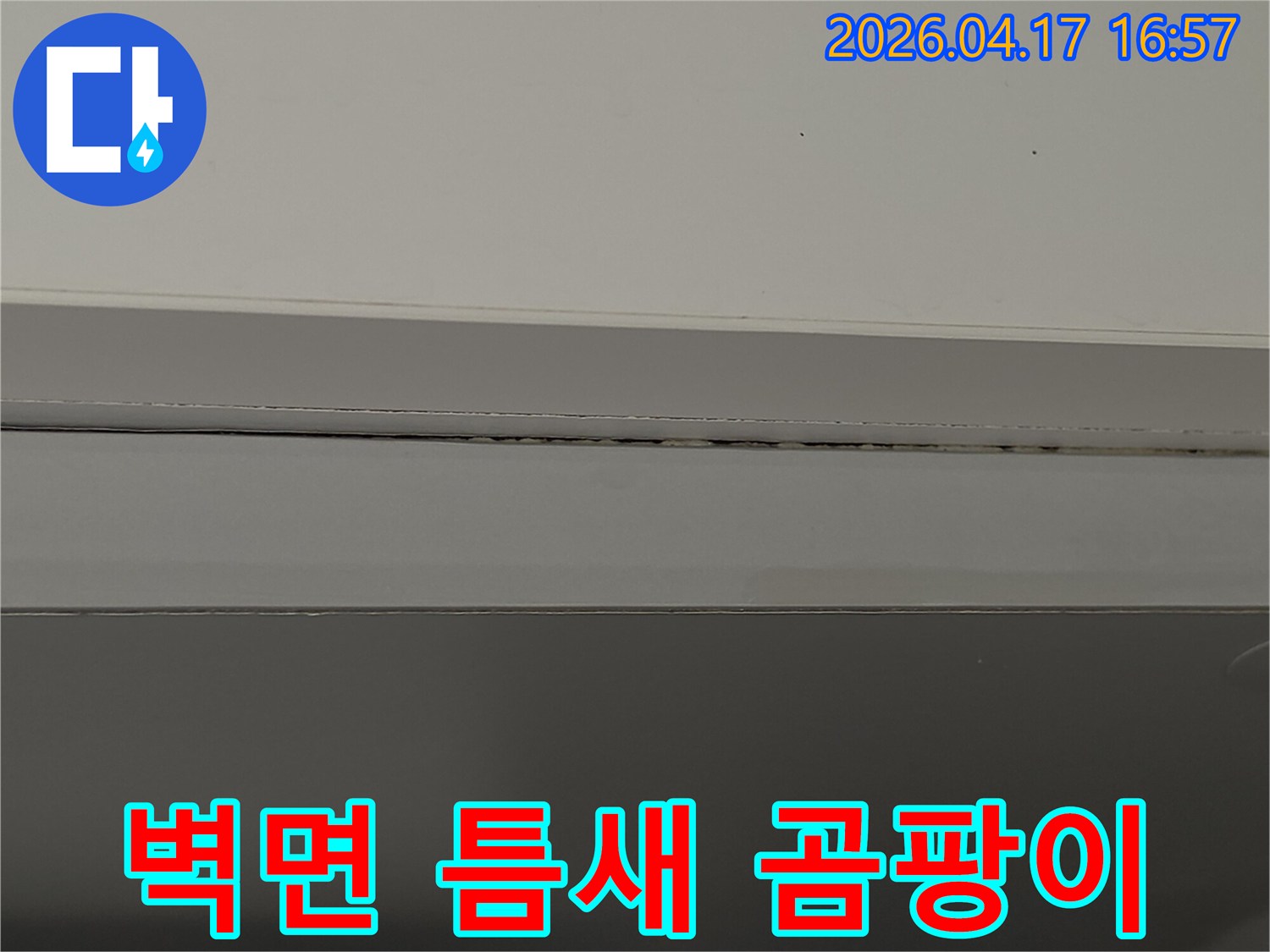 벽과-천장-사이-틈새에서-발견된-누수-징후인-곰팡이를-상세하게-보여주는-사진입니다.