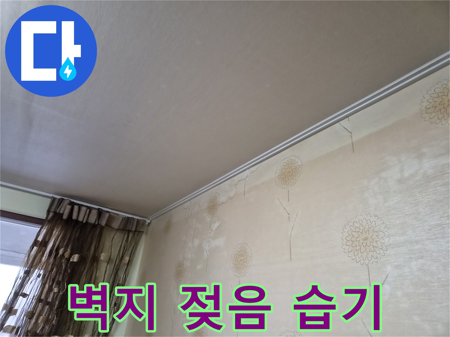 누수로-인해-벽지가-젖어-있고-높은-습기로-인해-곰팡이가-생길-수-있는-상태를-보여주는-사진