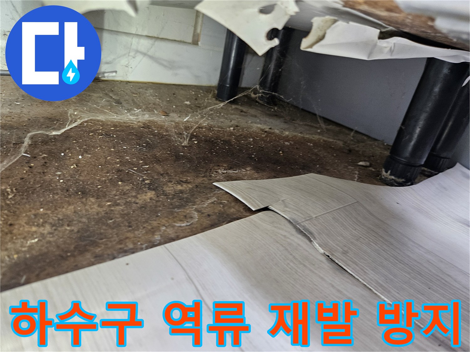 하수구-역류로-인해-바닥이-오염되고-장판이-들뜬-현장에서-누수-재발을-방지하기-위한-조치-모습