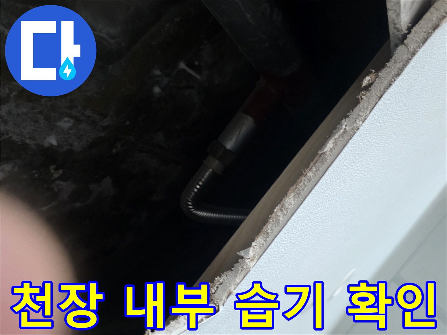 누수로 인해 습기를 머금고 검게 변한 천장 콘크리트 부위
