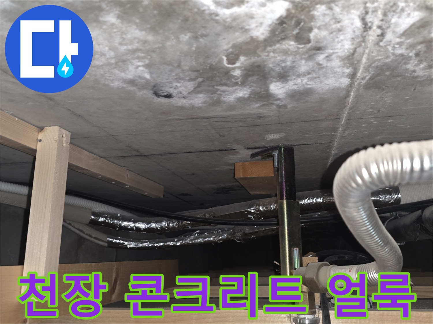 안양 비산동 아파트 천장 슬래브의 습기 찬 얼룩 상태를 보여주는 사진입니다.