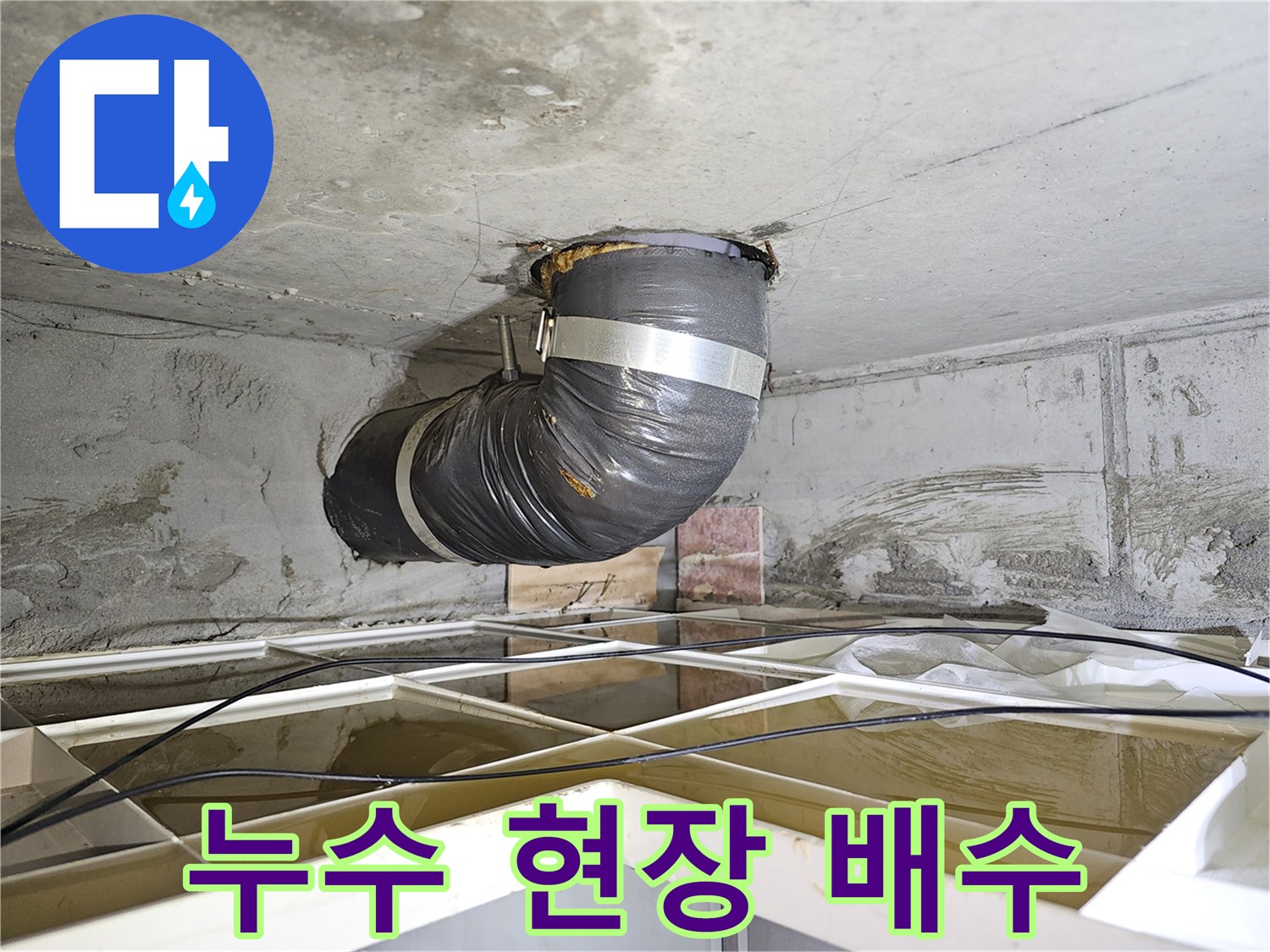 상가 천장 누수 현장에서-물을 효율적으로 배수하기 위해-설치된 임시 배관의 모습입니다.