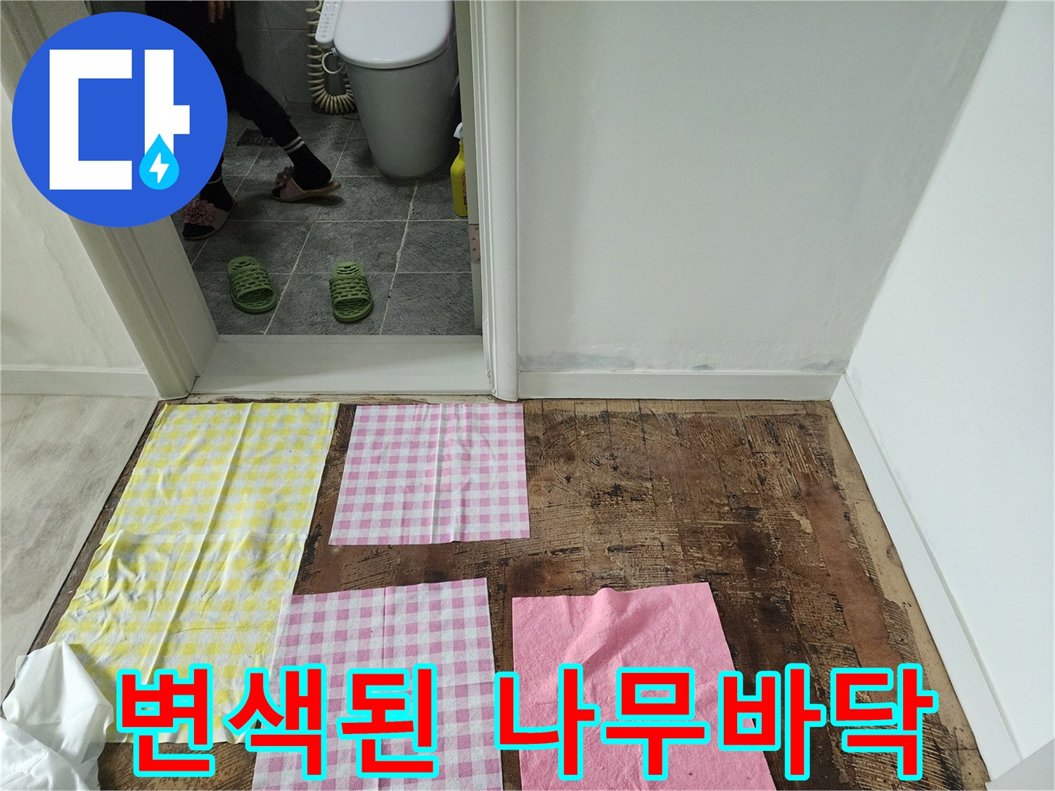 습기로 인해-검게 썩어 들어간 마루 자재 부위