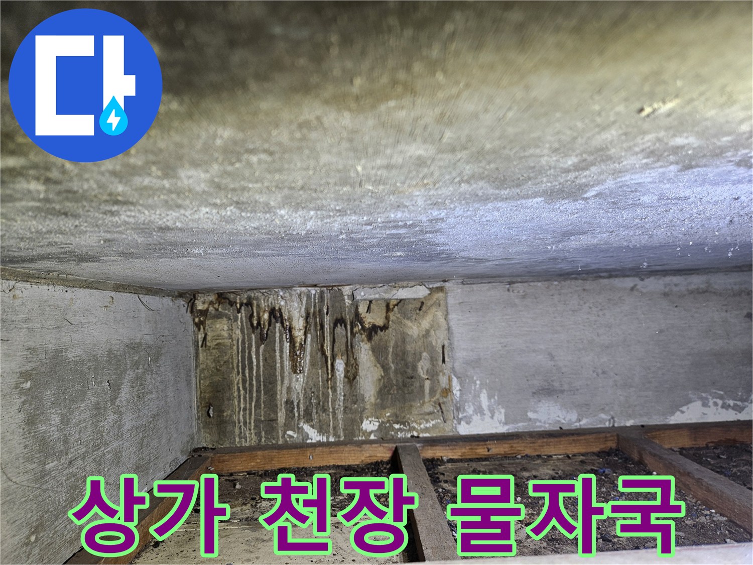 일산 상가 천장 부근의 누수 흔적과 얼룩 상태