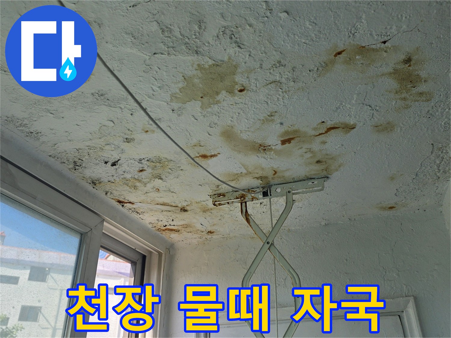 천장 마감재에 나타난 심한 습기 침투 및 갈색 변색 부위