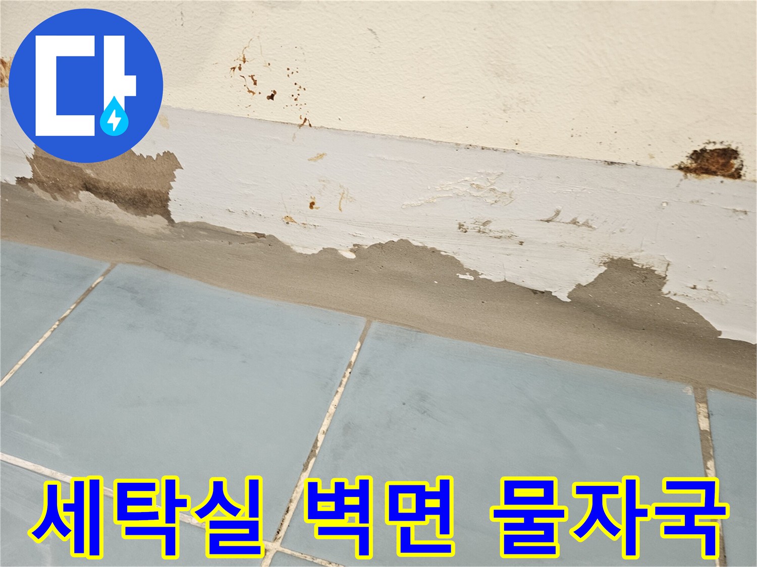 세탁실-벽면 하단부-물에 젖어 부풀어 오른 페인트와 타일 경계 부분