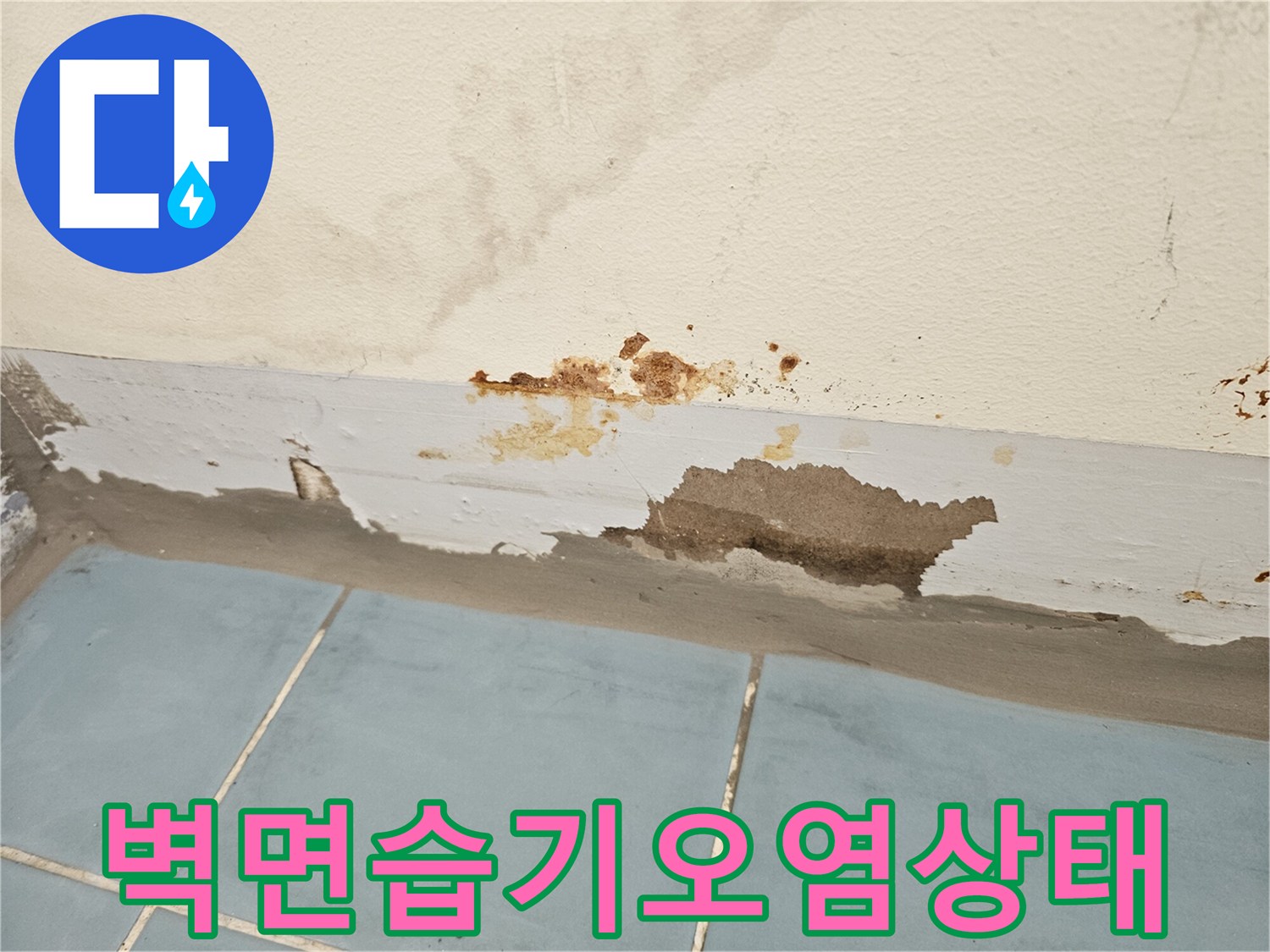 세탁실 하단 벽면 - 물기가 스며들어 오염된 마감재