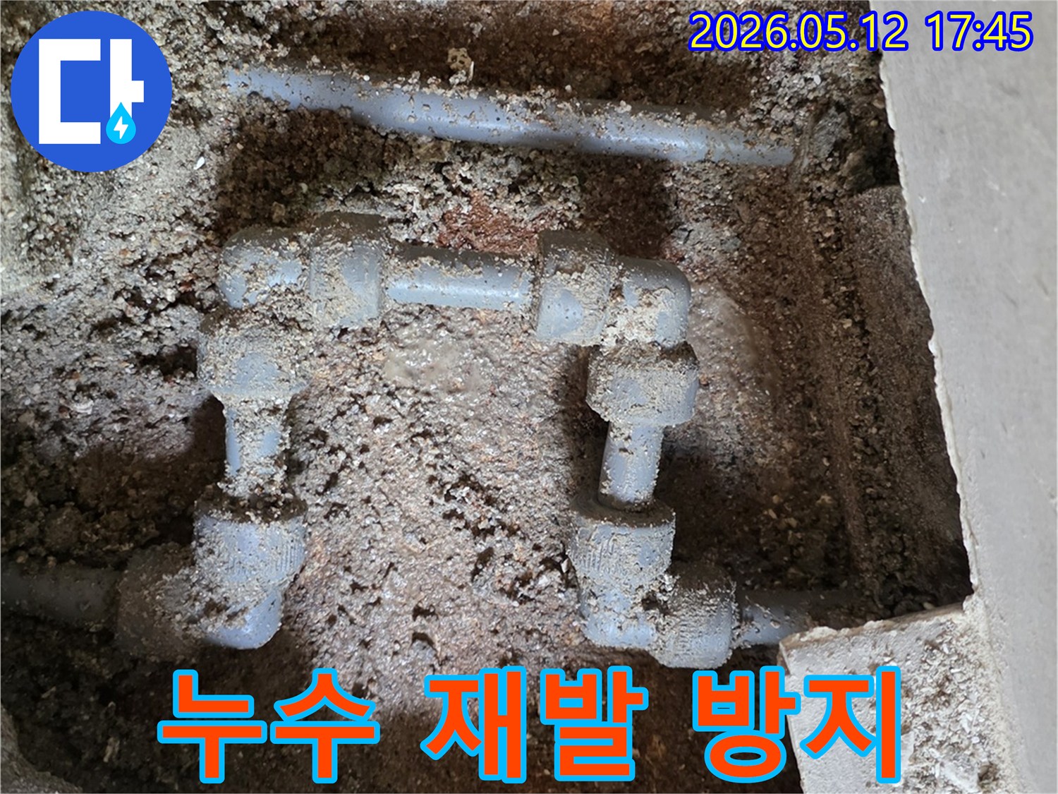 배관 연결 부위에서-누수가 발생하여-흙이 젖어 있는 현장 사진