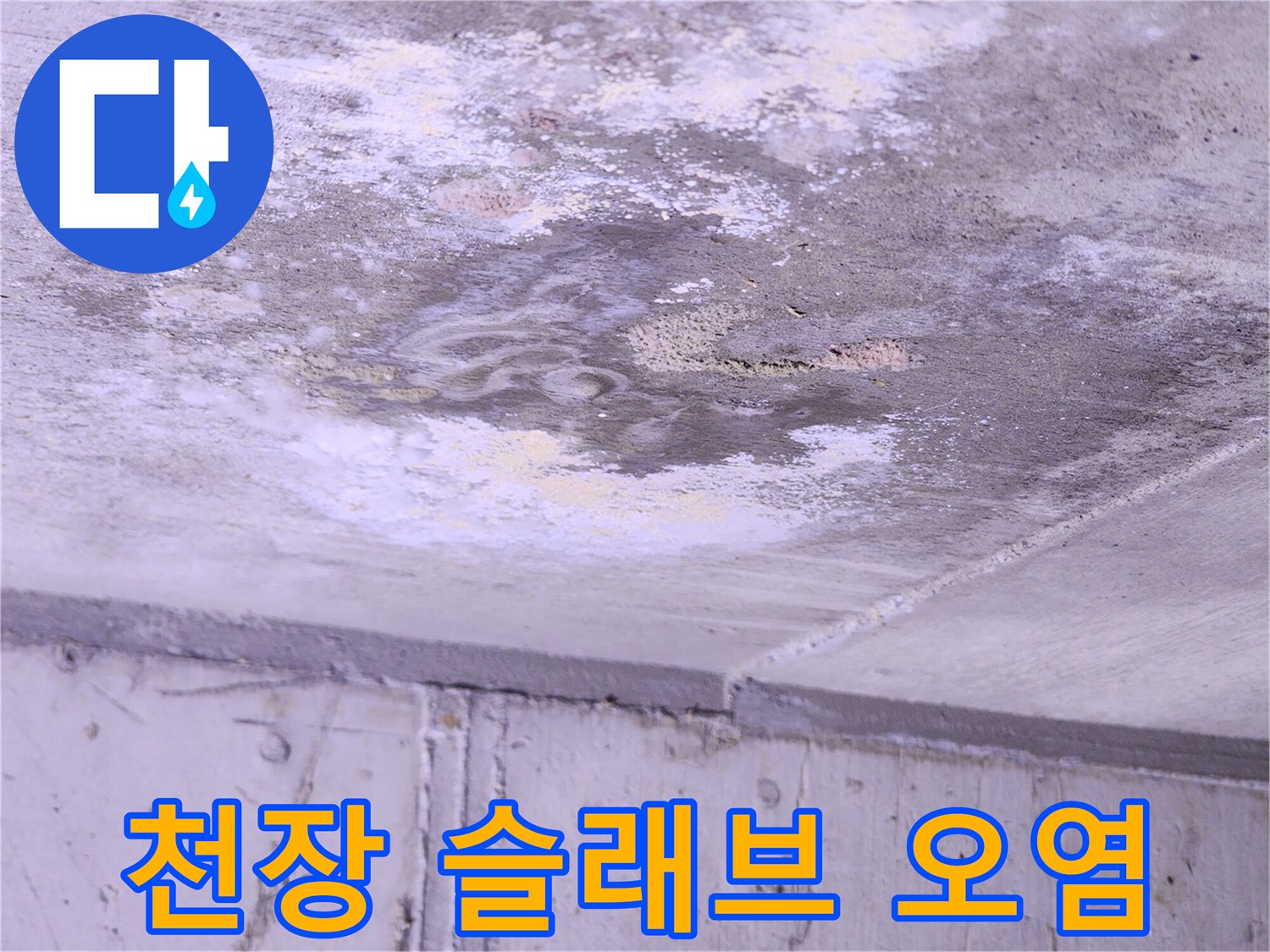 주방 천장-배관 주변의 습한 얼룩과 오염된 콘크리트