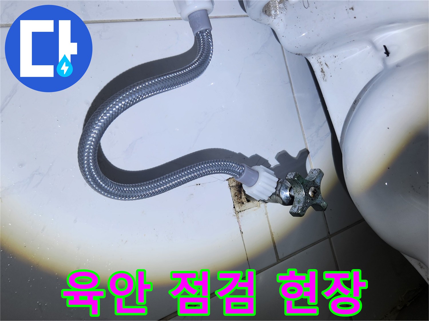 손전등 빛 아래-오래된 변기 앵글 밸브와-급수 호스 연결 부위를-전문가가 꼼꼼하게-육안으로 점검하는 모습입니다