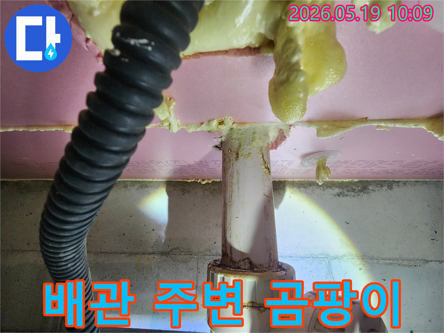 천장-배관-주변에-누수로-인해-곰팡이가-발생할-우려가-있는-젖은-단열재-사진입니다
