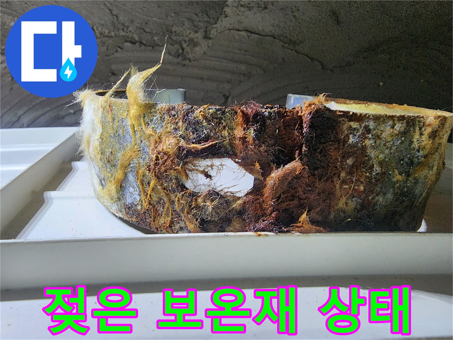 물샘으로 인해 젖고 변색된 배관 보온재 사진