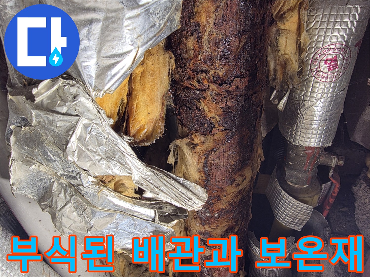우수관 주변-부식된 배관-젖은 보온재 상태