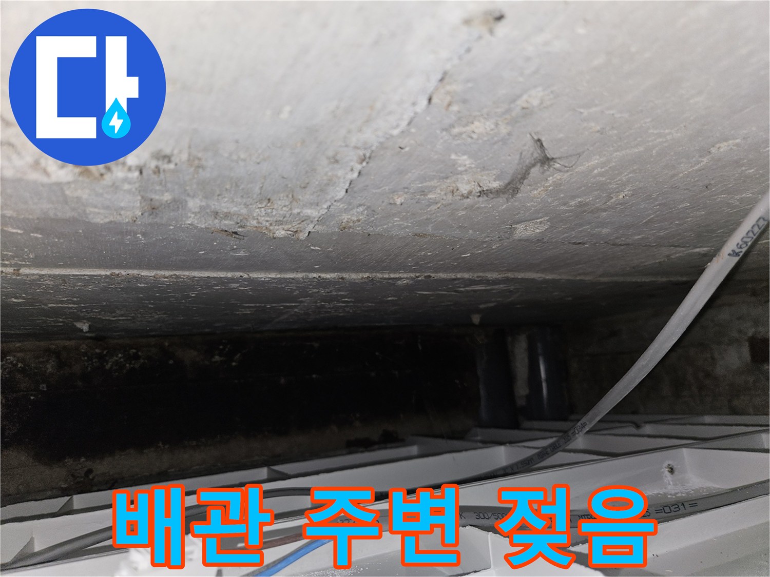 습기가 있는 천장 구조-젖어 있는 콘크리트와 배관