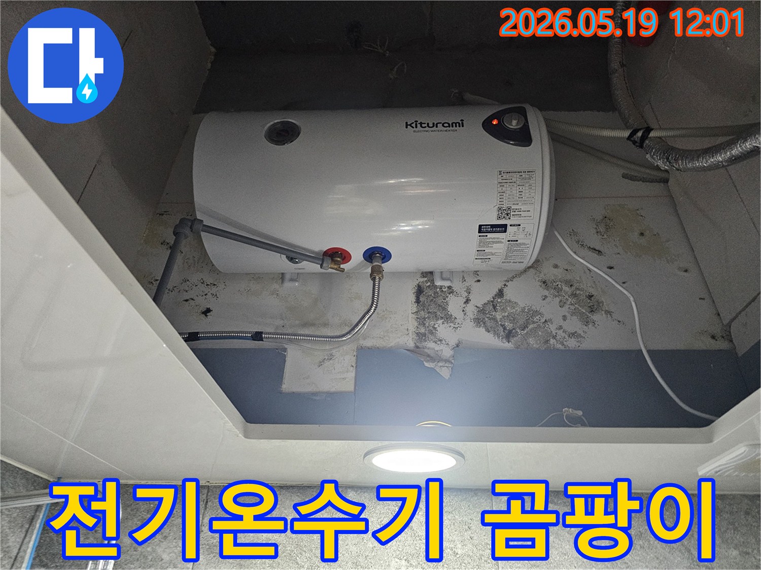 키투라미 전기온수기 주변 벽에 물이 새어 곰팡이가 심하게 번식한 모습