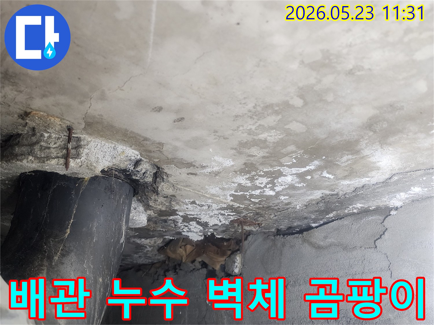 콘크리트 벽을 관통하는-배관 주변에서-누수로 인해-벽체가 손상되고-곰팡이가 발생하기-시작한 현장 사진