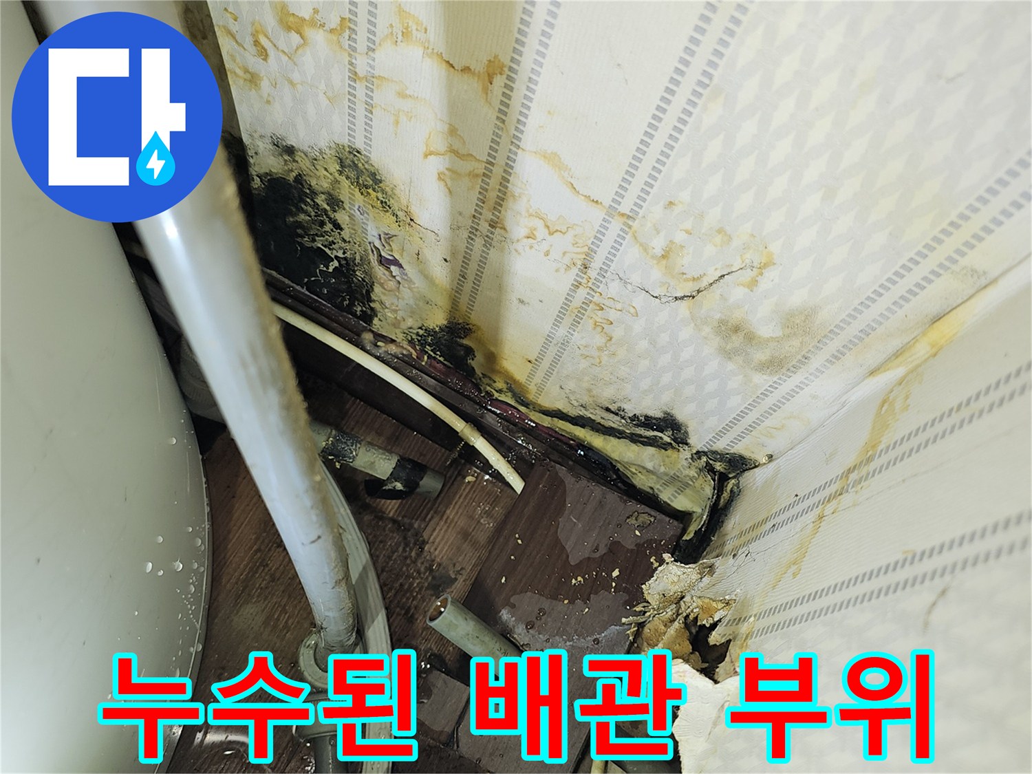 온수기-연결-배관-주변의-심한-벽지-오염