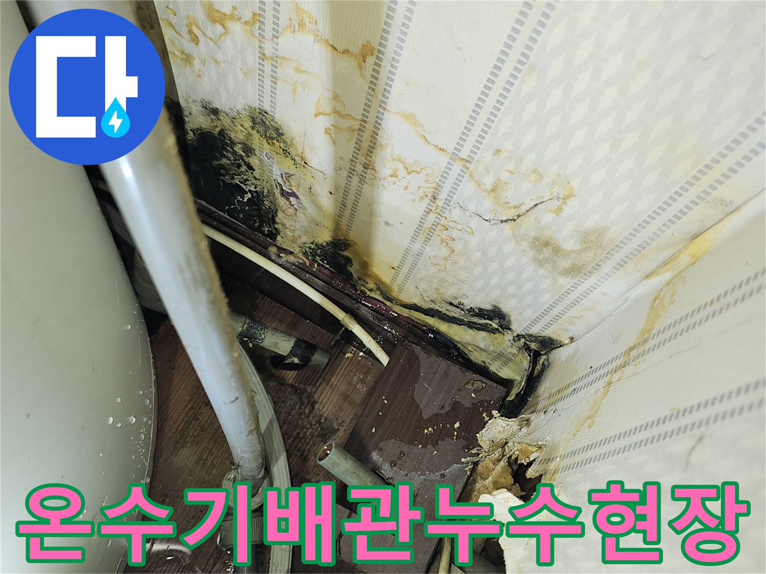 전기온수기-연결부위-배관-누수-및-벽지-오염-상태