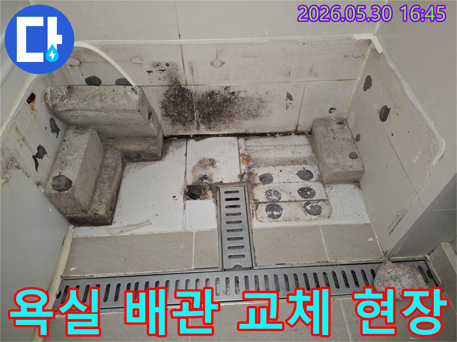 배관-문제로-인해-욕실-바닥에-물이-고여-곰팡이가-번진-모습과-누수-탐지-전-상태-사진