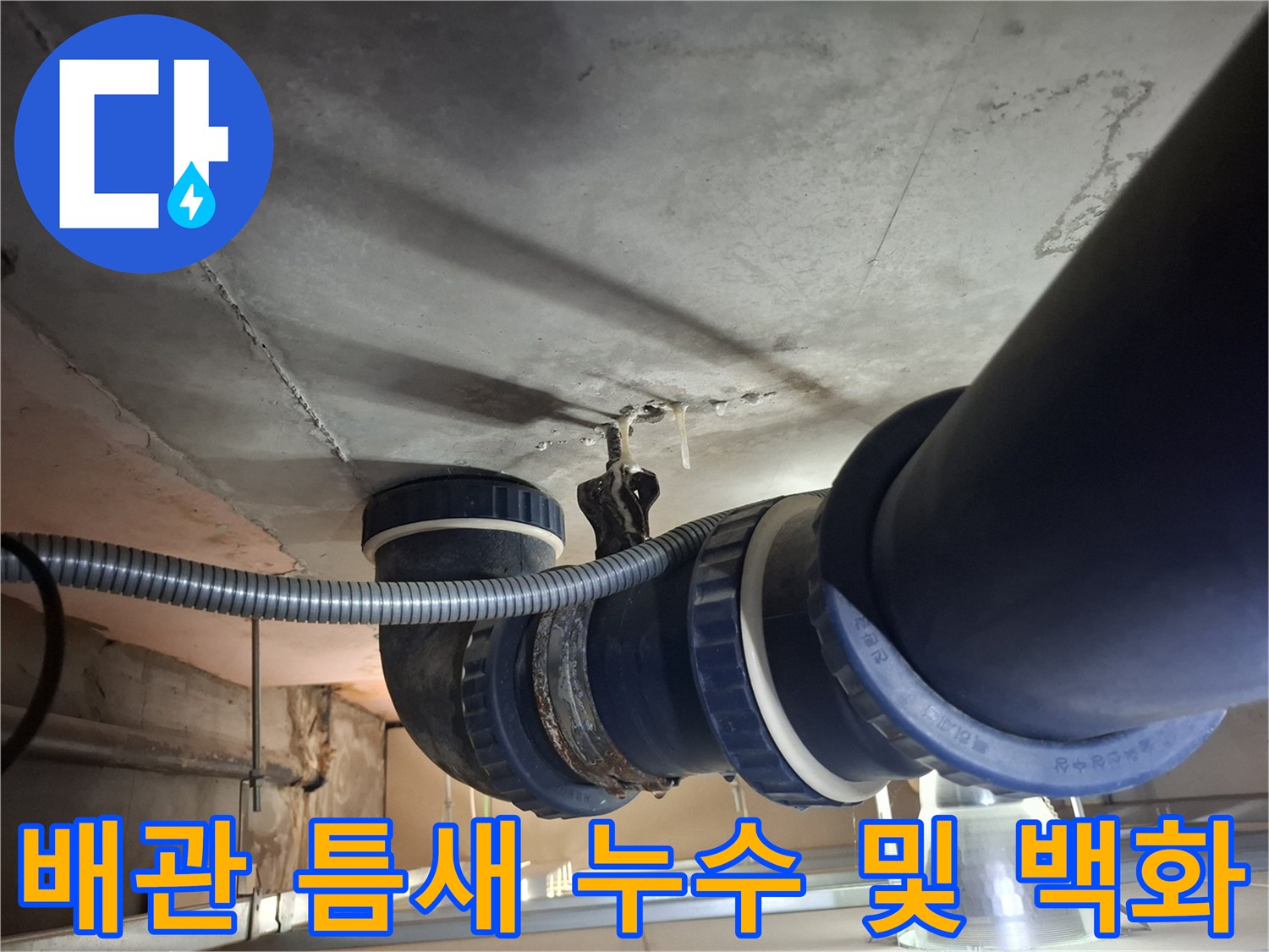 하층 천장 배관-누수가 진행되어 백화가 발생한 배수관 연결부