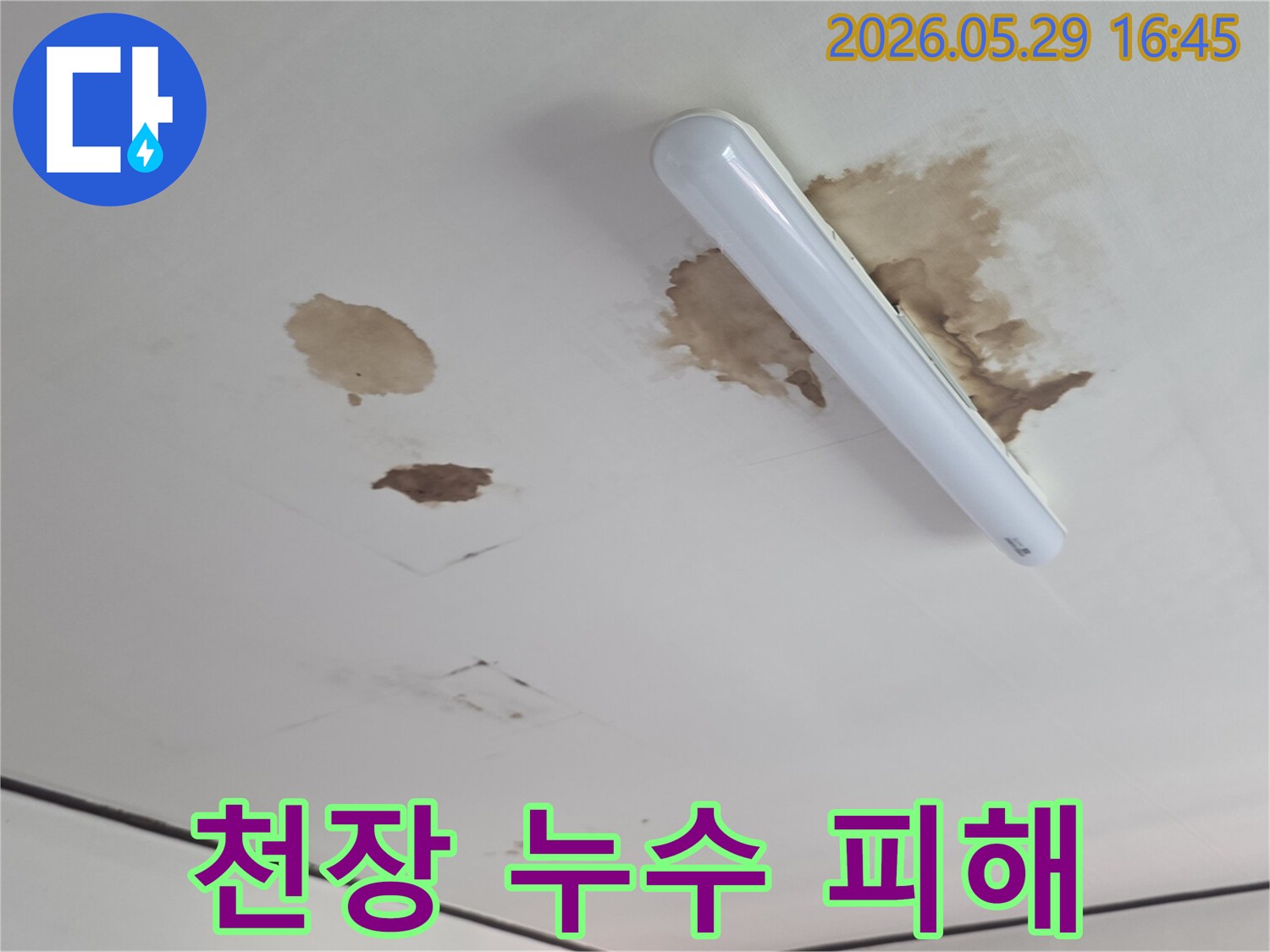 천장에-발생한-여러-개의-물자국과-얼룩으로-누수-문제가-진행-중임을-알려줍니다