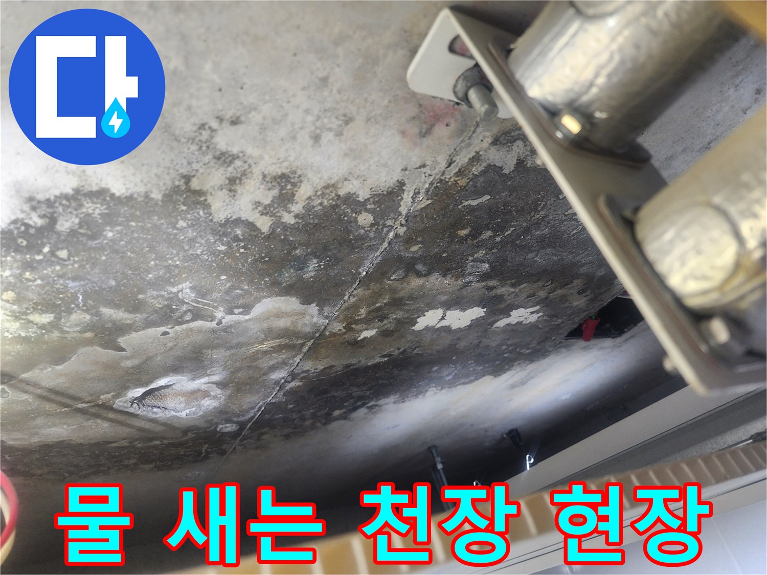 물기로 인해 젖고 곰팡이가 생긴-콘크리트 천장의-누수 현장 사진