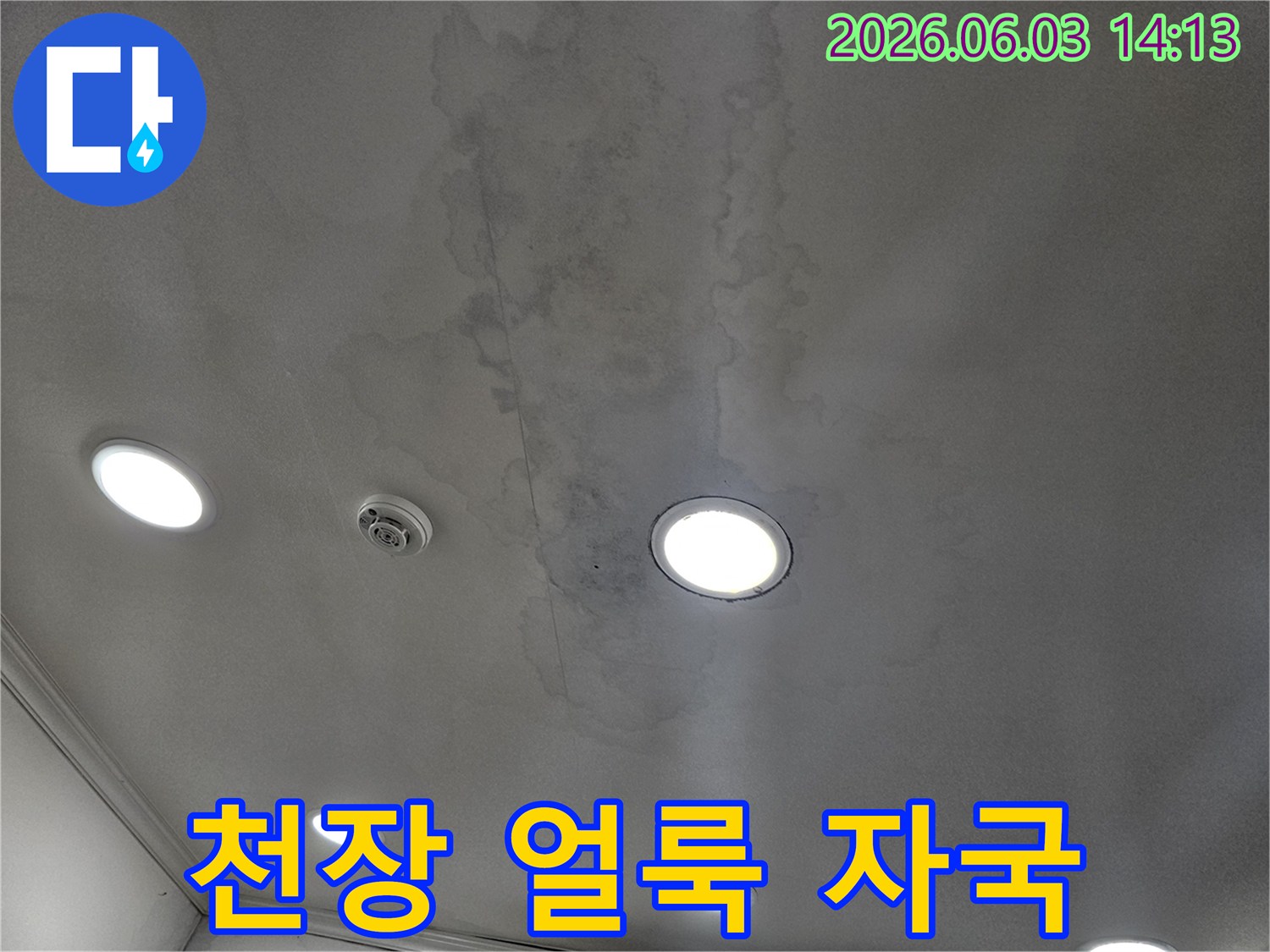 건물 천장에서-발견된-광범위한-물샘 자국을-기록한 사진입니다.