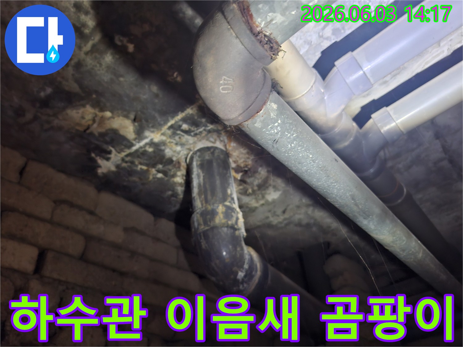 아파트 지하 하수관 이음새에서-곰팡이가 발생한 누수 현장을-정밀하게 촬영한 사진
