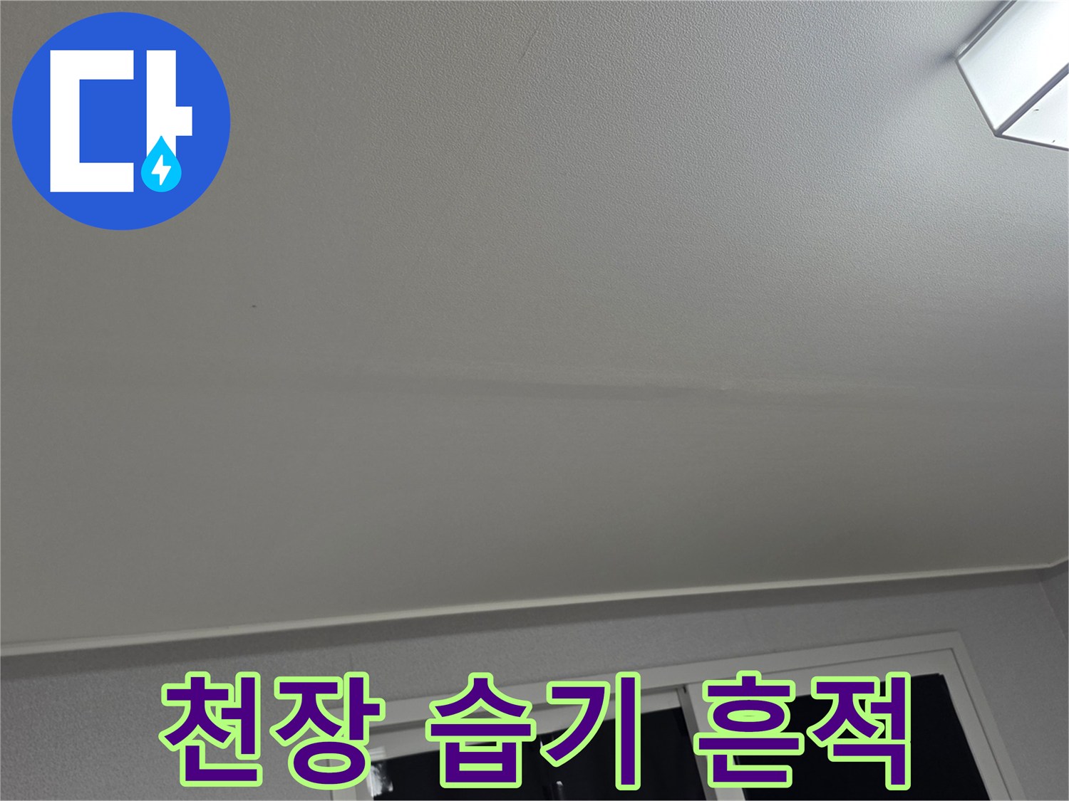일산동 아파트 거실 천장의 물샘 흔적 및 벽지 변색 상태