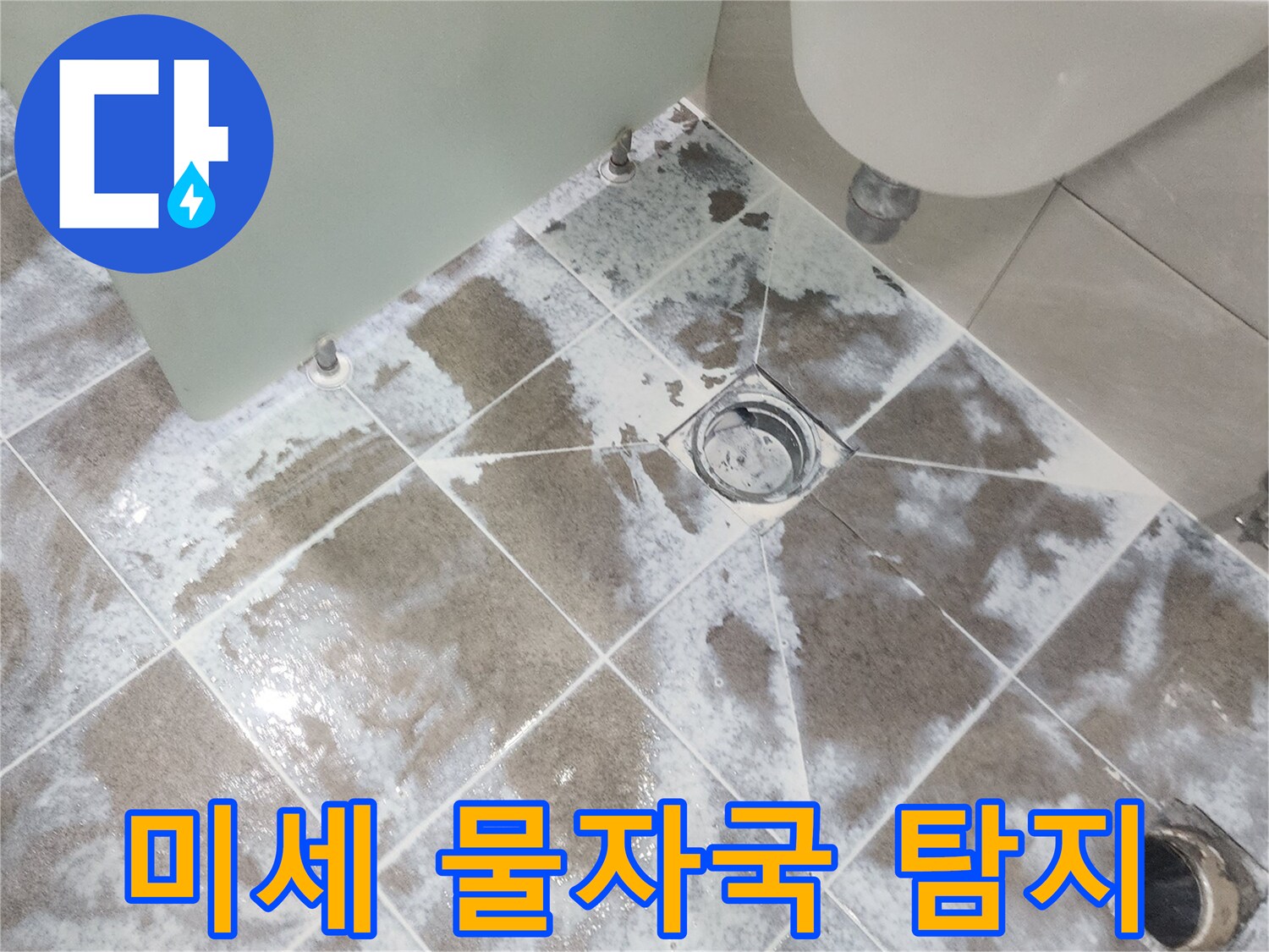 고양시 아파트-욕실 바닥 타일-배수구 주변에 보이는-미세한 물자국까지-놓치지 않고 탐지하는-전문가의 현장 사진