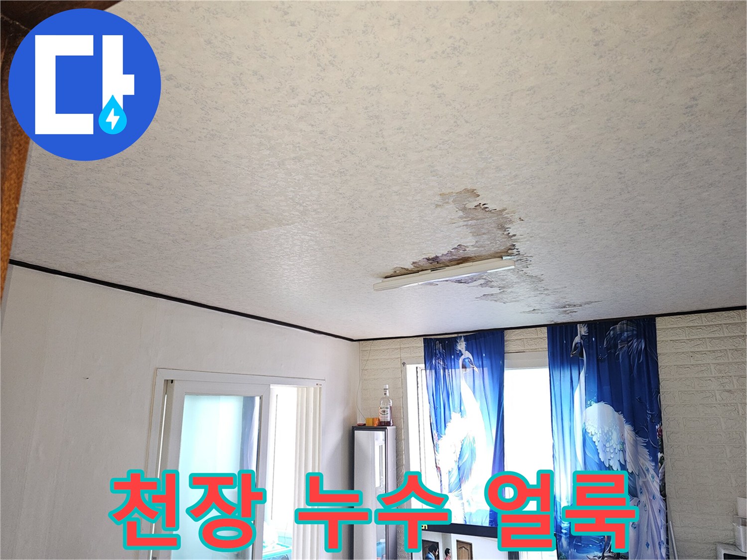 거실 천장에 발생한 누수 흔적과 물자국 현상