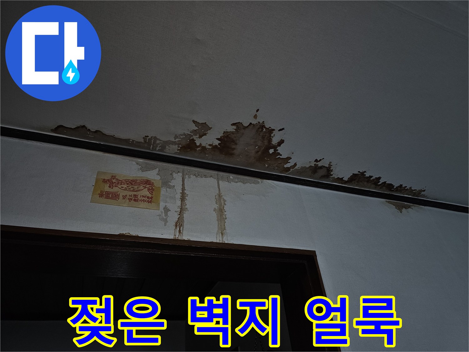 천장 몰딩 주변의 갈색 누수 오염 부위 상세 사진