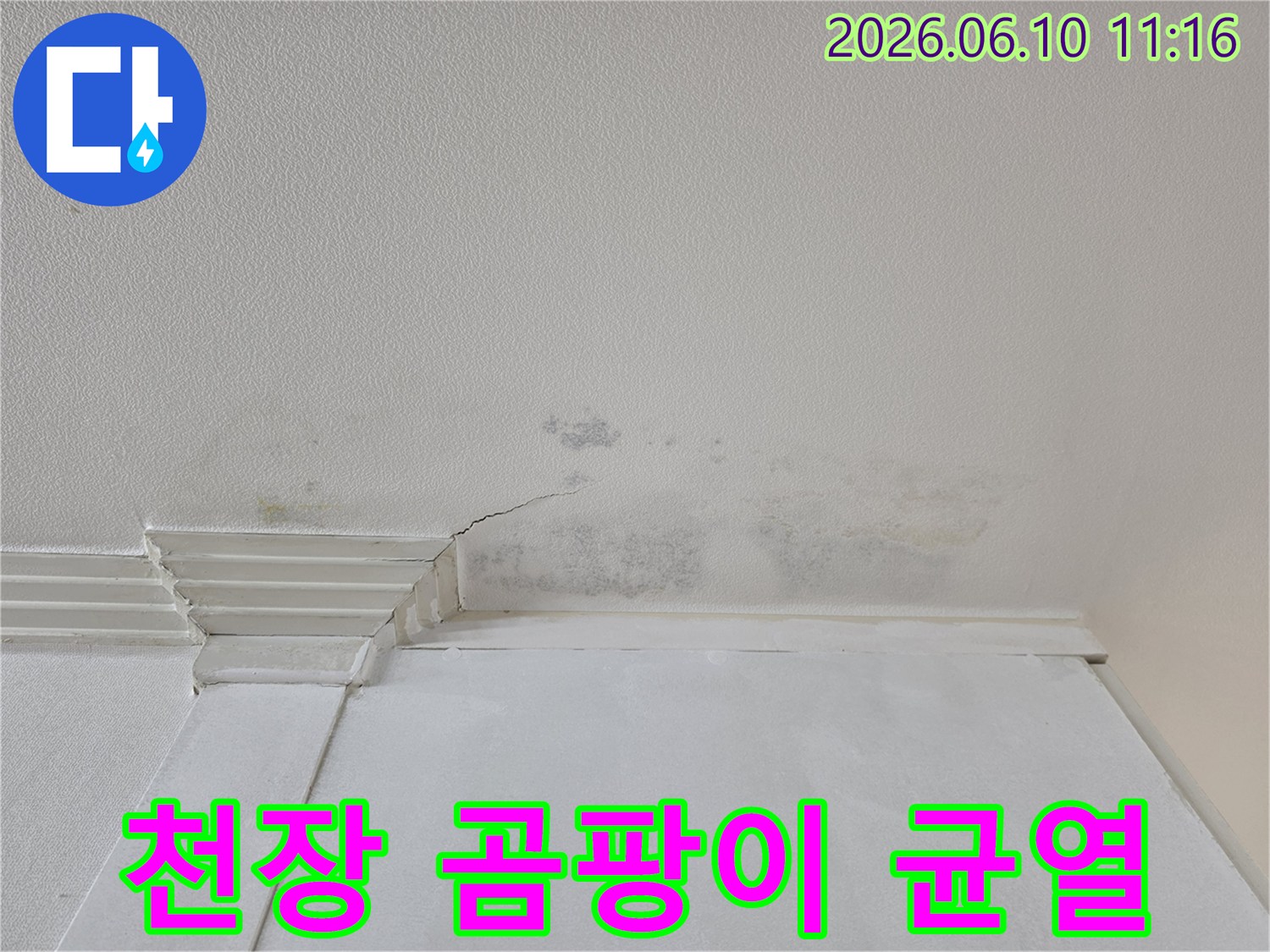 오래된 누수로-인해-천장 벽지에-검은-곰팡이가-넓게-퍼지고-균열이-생긴-사진입니다