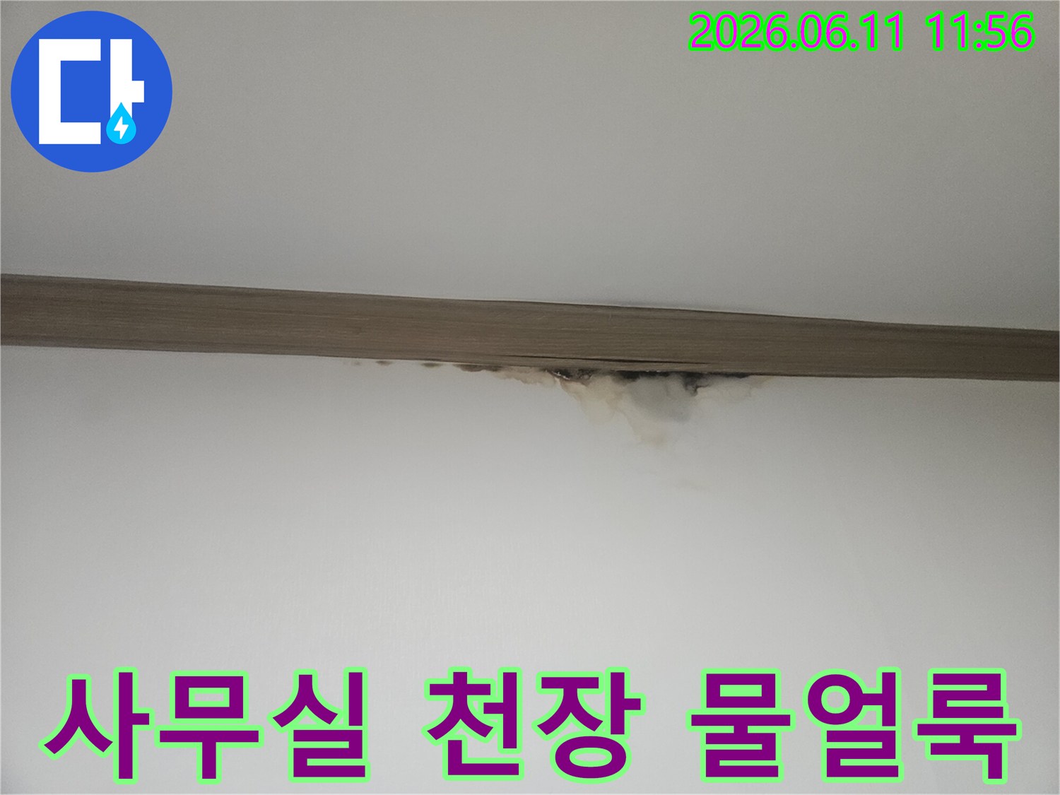 사무실-천장-경계에-발생한-물얼룩으로-인한-누수-현장-사진입니다