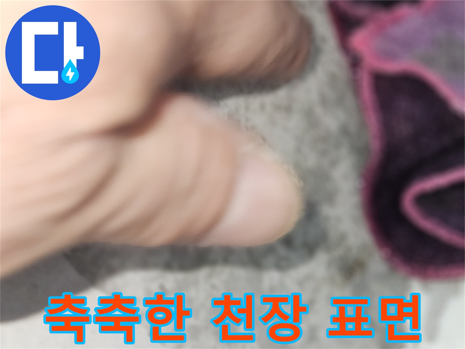 천장 표면에 나타난 누수 흔적과 젖은 부위를 촬영하였습니다.