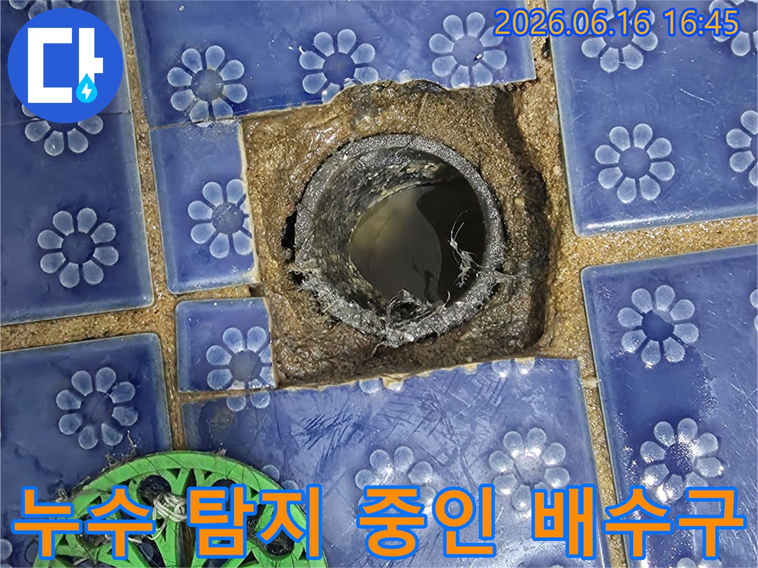 욕실-배수구-주변의-파손된-타일과-물이-고여있는-하수관-내부-상태