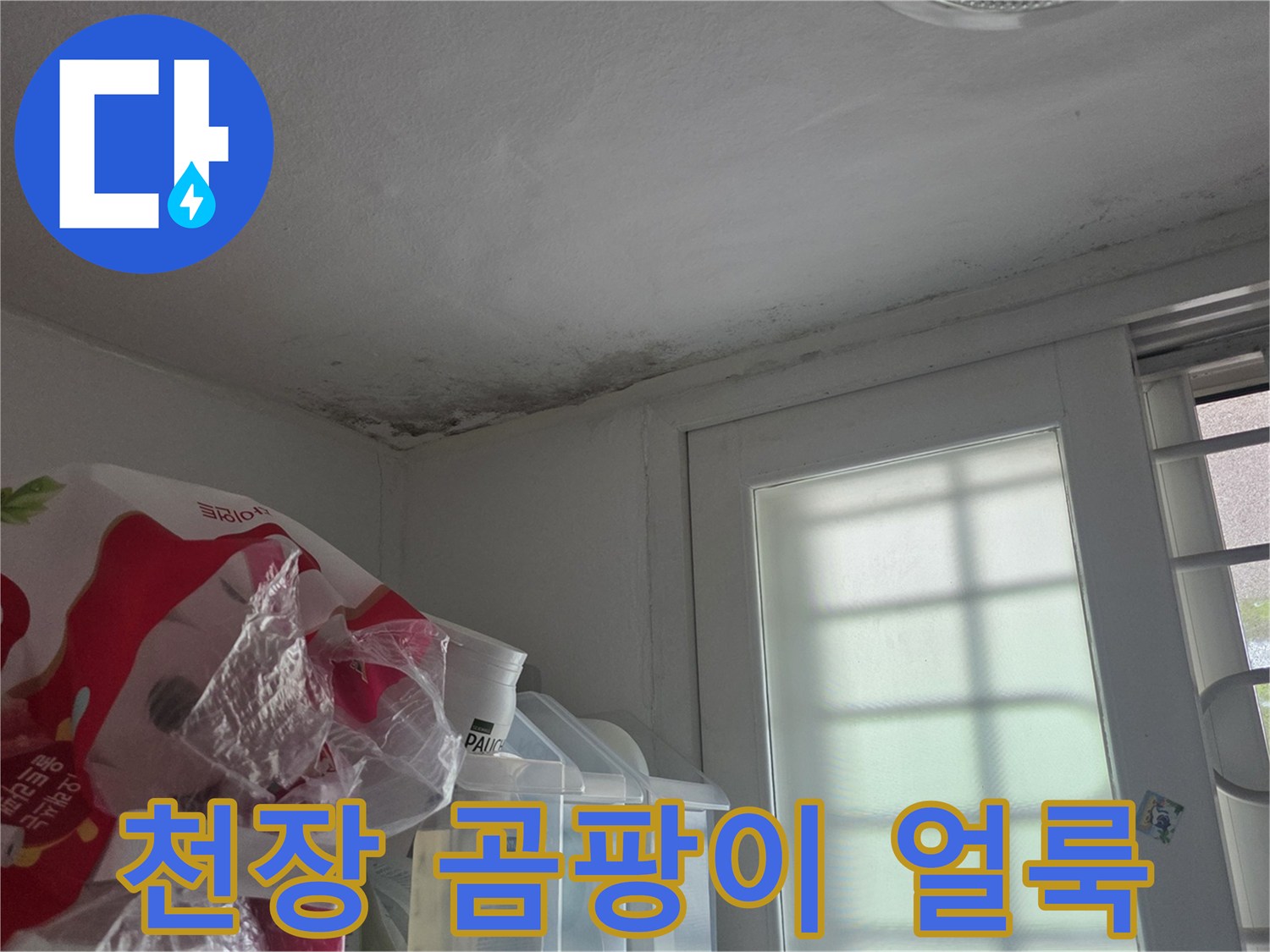 아파트 천장 부근에 발생한 곰팡이와 습기 흔적