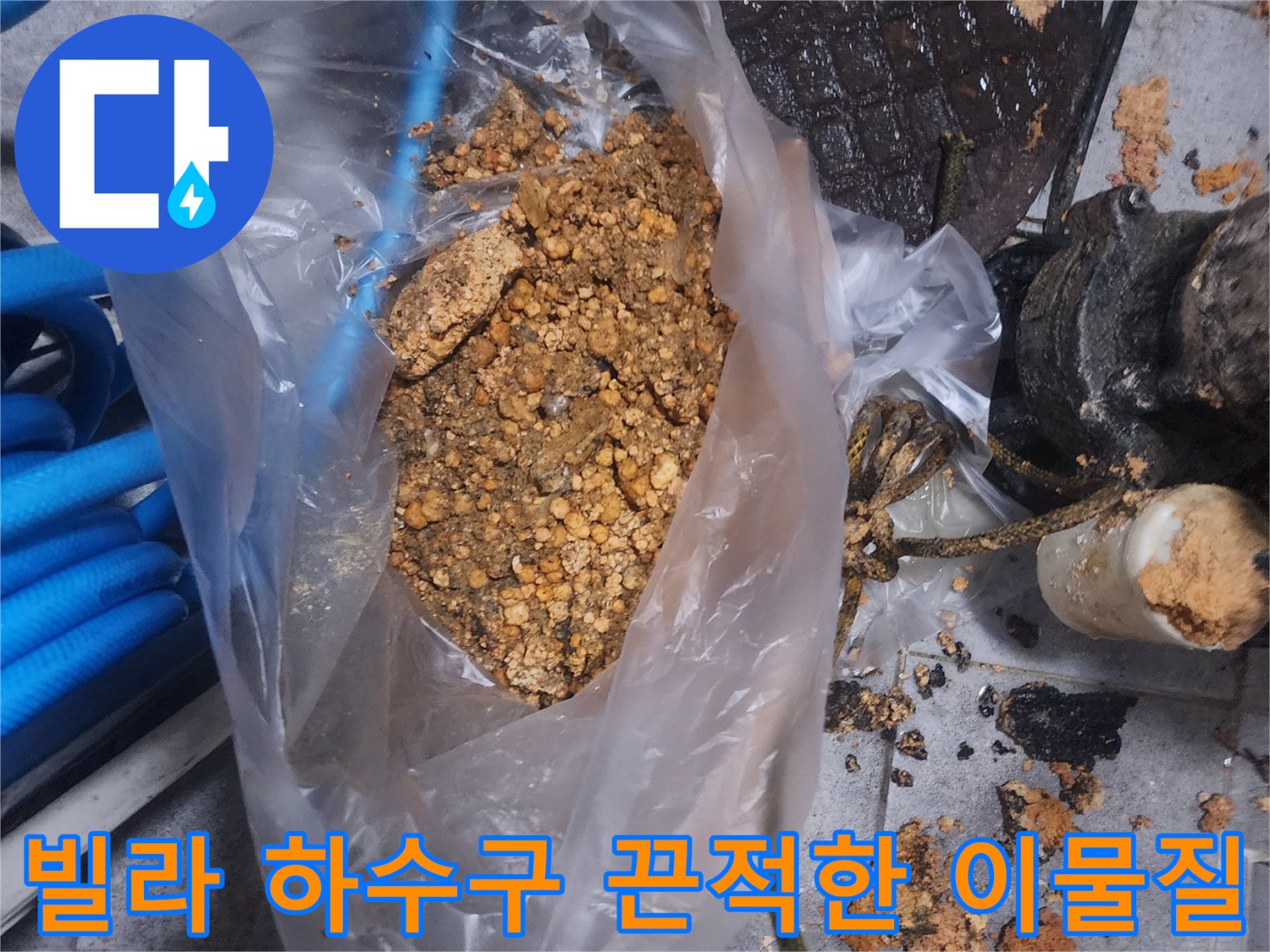 빌라 하수구에서 제거된-끈적한 이물질과-슬러지가 투명 봉투에 담겨있는 모습