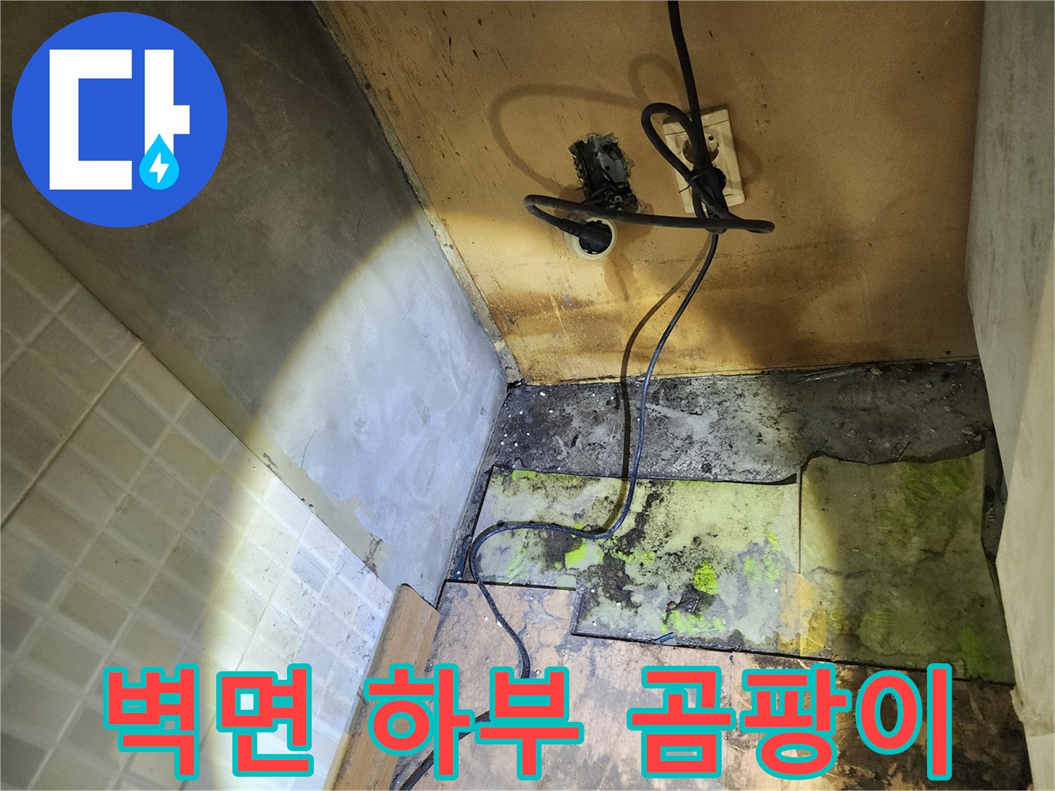 콘센트 아래쪽으로 번진 심한 습기와 곰팡이 흔적