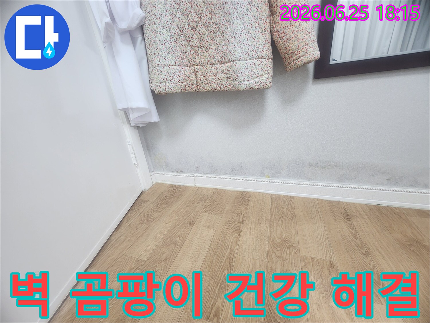 벽 하단에 발생한 곰팡이와-습기 자국은-벽지 손상과 함께-누수가 진행되고 있음을 나타냅니다-건강과 직결되므로-빠른 조치가 요구됩니다.